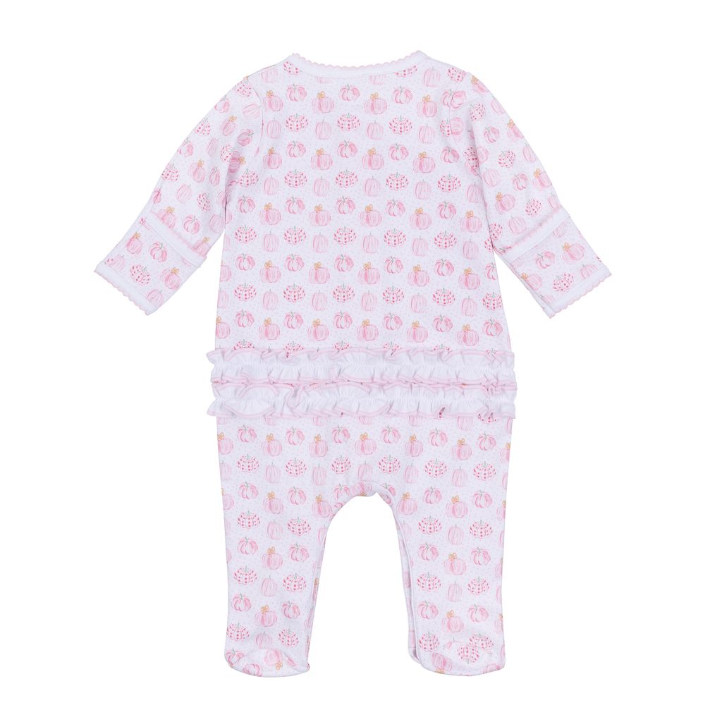 Magnolia Baby- Precious Pumpkins Printed Ruffle Zipper Footie- Light Pink