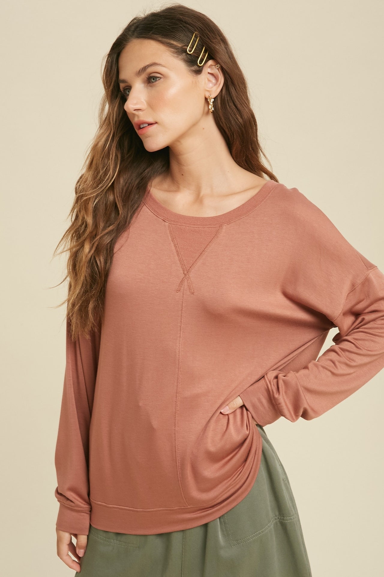 French Terry Knit Top with Ribbed Detail