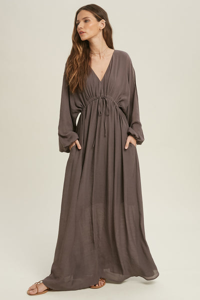 Split Sleeve Lined Maxi Dress with Drawstring