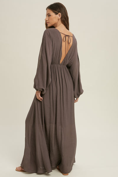 Split Sleeve Lined Maxi Dress with Drawstring