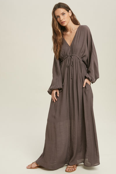 Split Sleeve Lined Maxi Dress with Drawstring