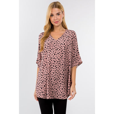 Oversize V-Neck Top- Ash Rose/ Black Dot