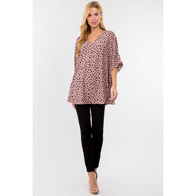 Oversize V-Neck Top- Ash Rose/ Black Dot