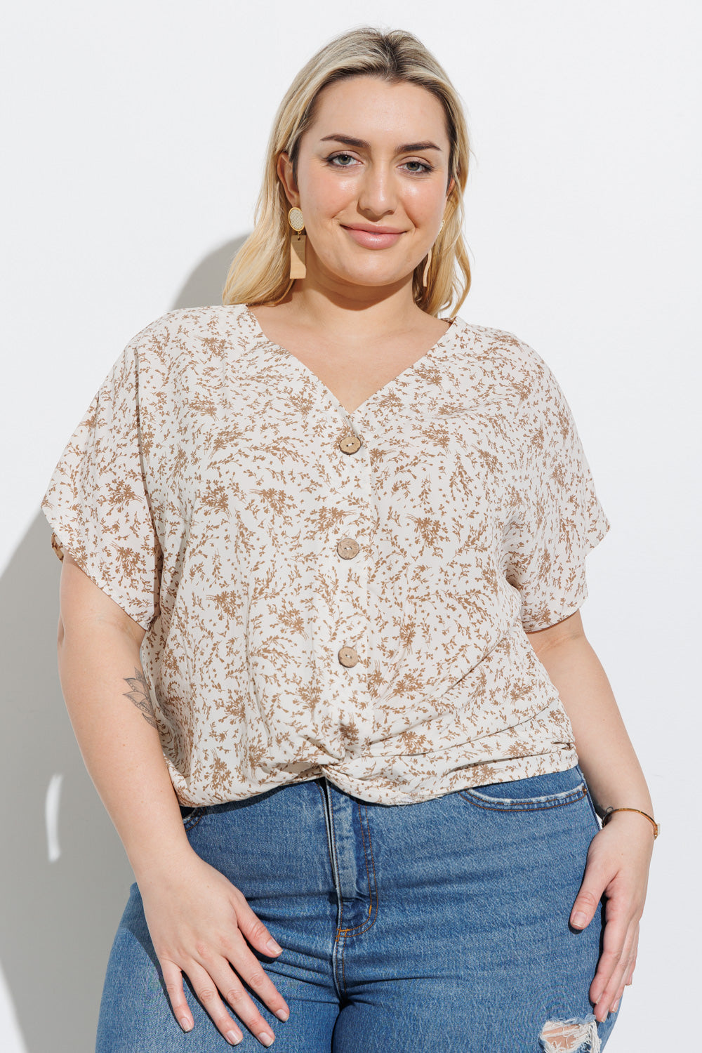 V-Neck Floral Button Down Short Sleeve Top with twist front detail