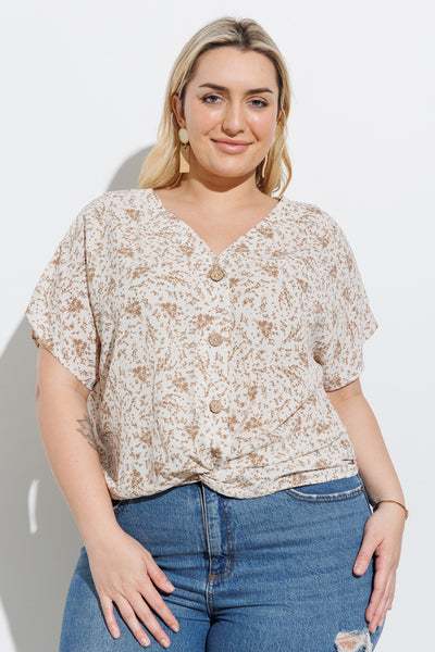 V-Neck Floral Button Down Short Sleeve Top with twist front detail