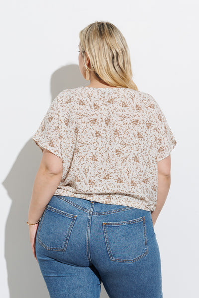 V-Neck Floral Button Down Short Sleeve Top with twist front detail