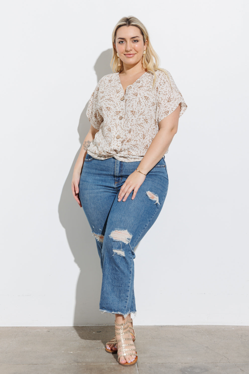 V-Neck Floral Button Down Short Sleeve Top with twist front detail