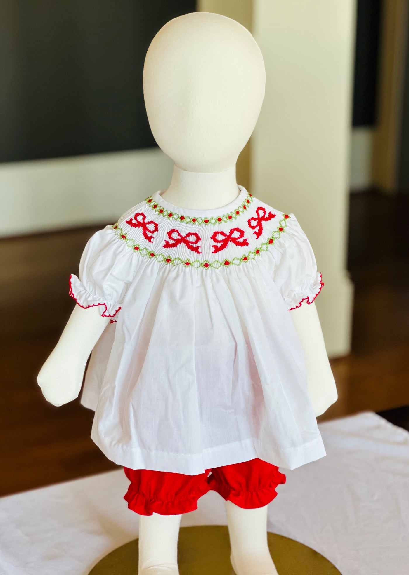 Smocked Bishop Bloomer Set w/ Red Holiday Bow