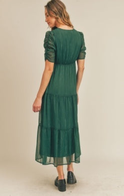 Pine Forest Shirred-Sleeve Midi Dress