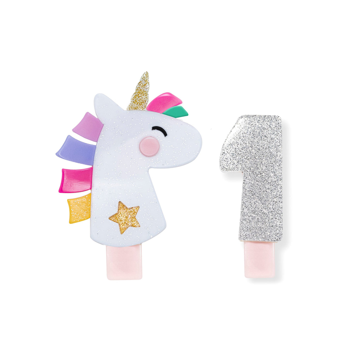 Unicorn Party White Glitter & Number 1 Silver Alligator Clips