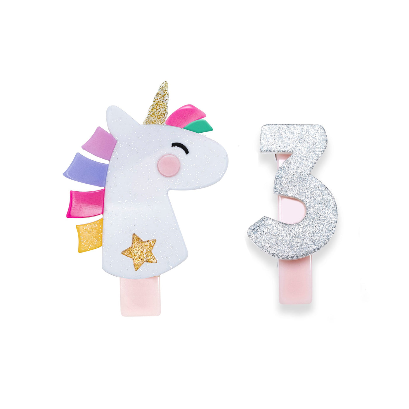 Unicorn Party White Glitter & Number 3 Silver Alligator Clips