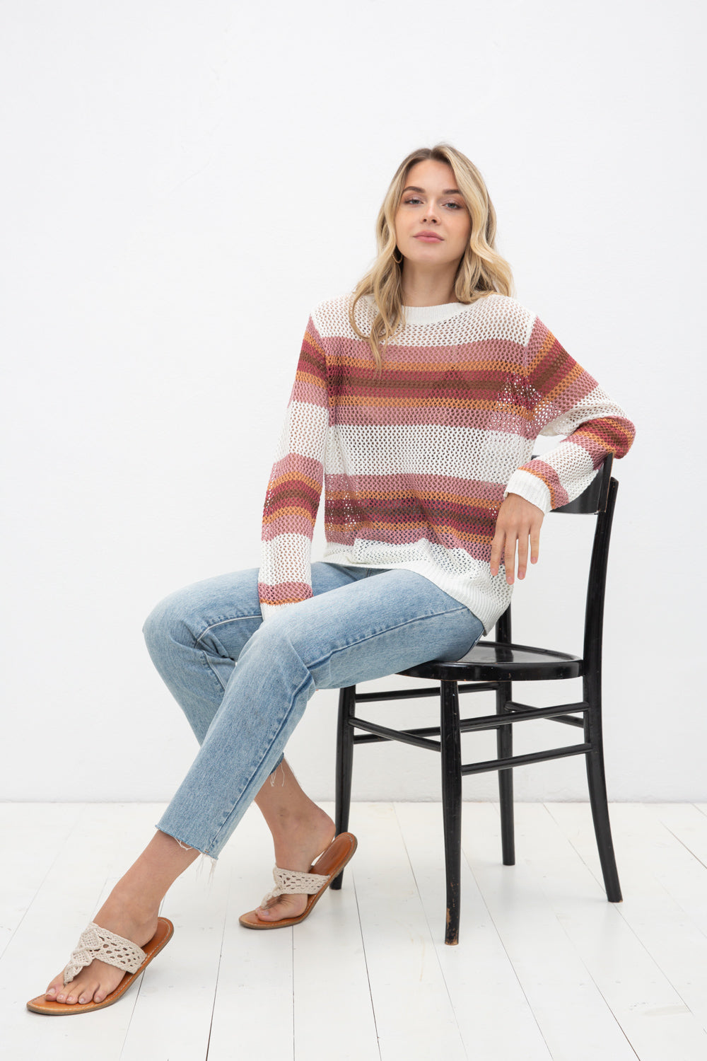Gradient Striped Open Knit Pullover