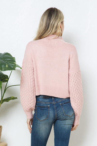 Latern Sleeve Pullover with Waffle Knit Sleeve