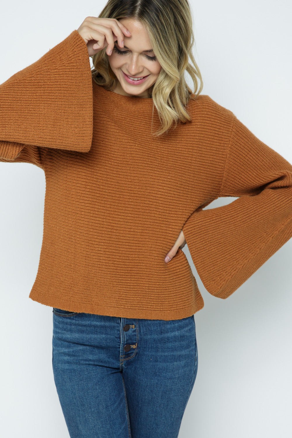 Horizontal Ribbed Pullover with Bell Sleeve