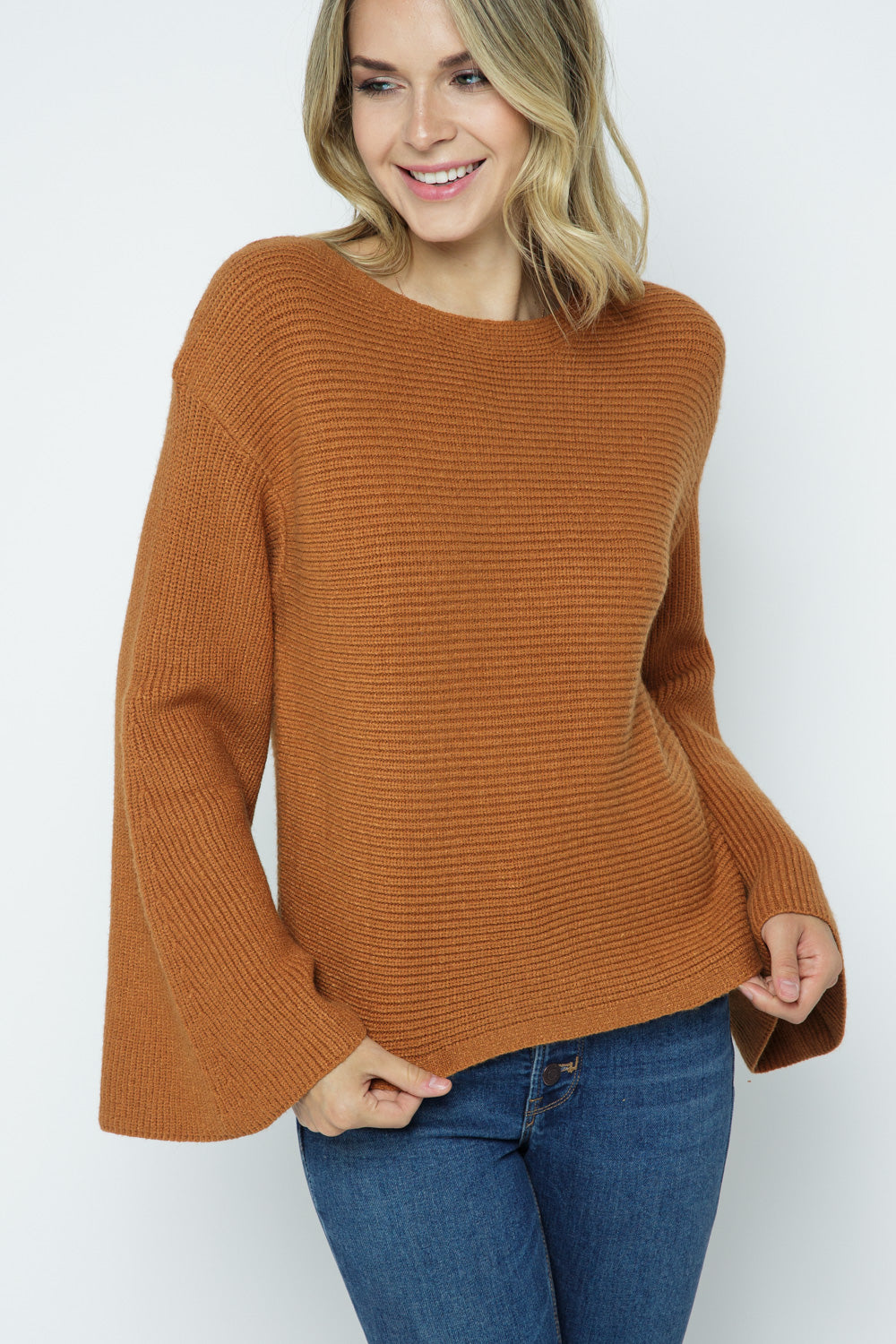 Horizontal Ribbed Pullover with Bell Sleeve