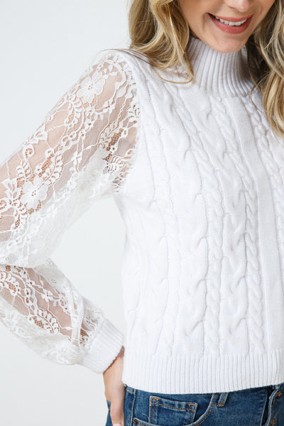 Mock Neck Lace Sleeve Combination Cable Knit Sweater
