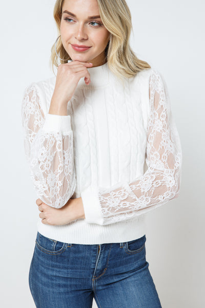 Mock Neck Lace Sleeve Combination Cable Knit Sweater