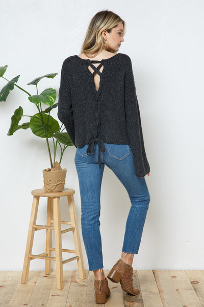 V-Neck Open Back Lace Up Ribbed Knit Pullover Sweater