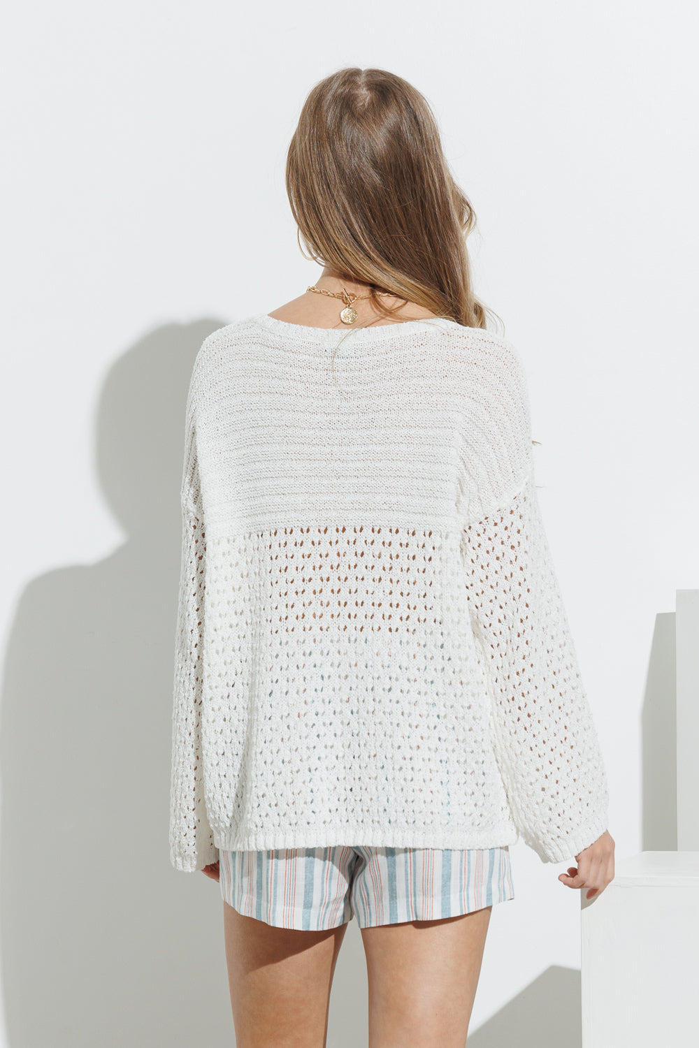 Boat Neck Light Open Knit Combo Pullover Sweater