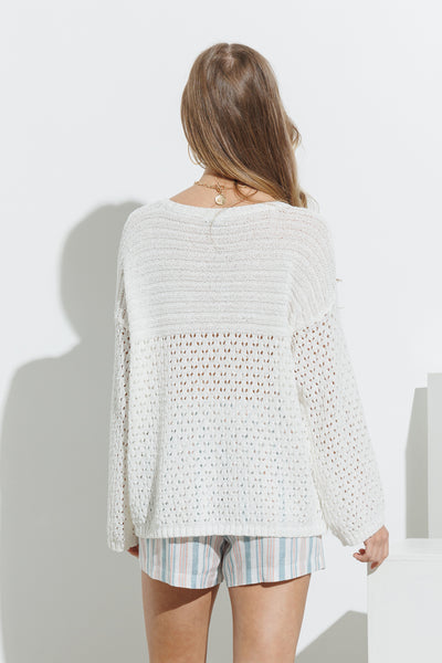 Boat Neck Light Open Knit Combo Pullover Sweater