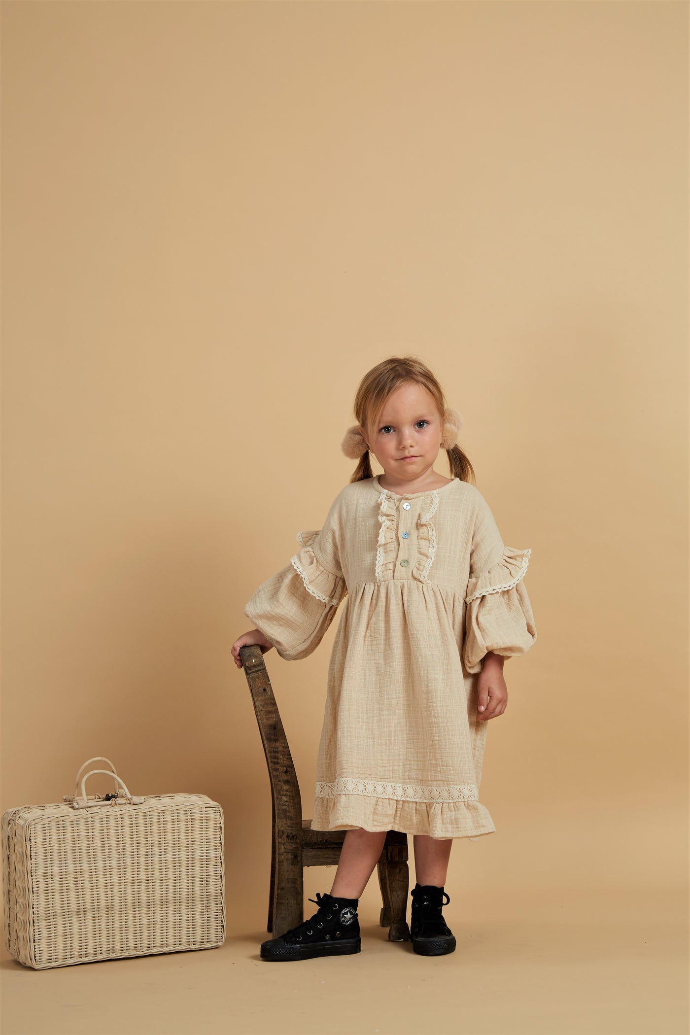 Beige Frill Dress with Juliet Sleeves | Crown and Iris Beige Frill Dress with Juliet Sleeves | Crown and Iris