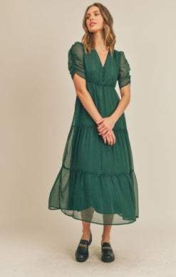 Pine Forest Shirred-Sleeve Midi Dress