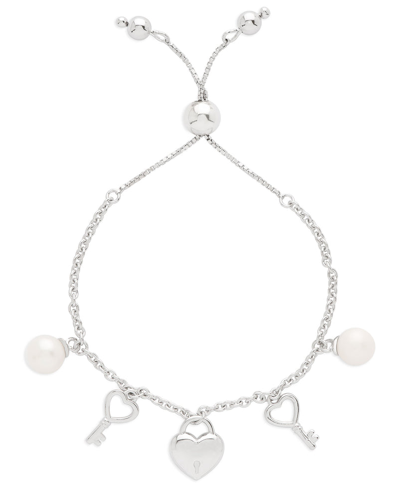Heart Locket and Freshwater Pearls Bolo Bracelet in Sterling Silver