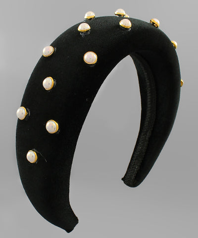 Black & White Pearl Stud Wide Velvet Headband