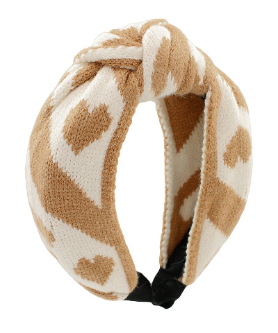 Ivory & Beige Heart Print Knitted Headband