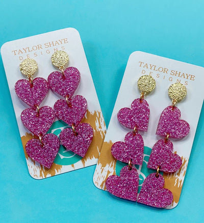Pink Glitter Triple Heart Drops - Left