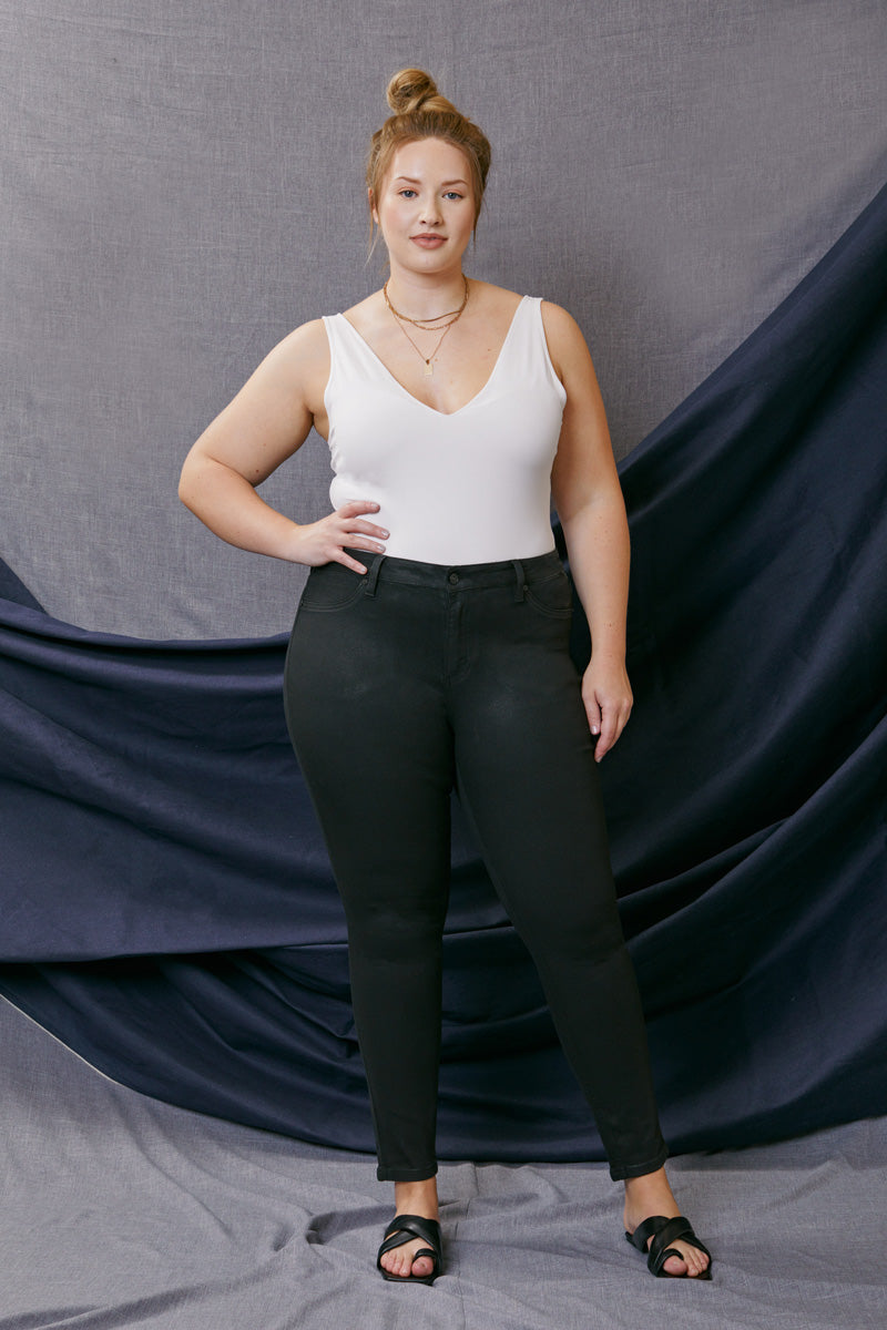Mid Rise Coated Super Skinny- Black Wash
