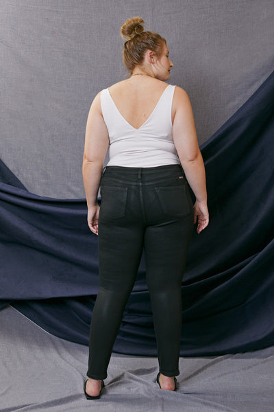 Mid Rise Coated Super Skinny- Black Wash