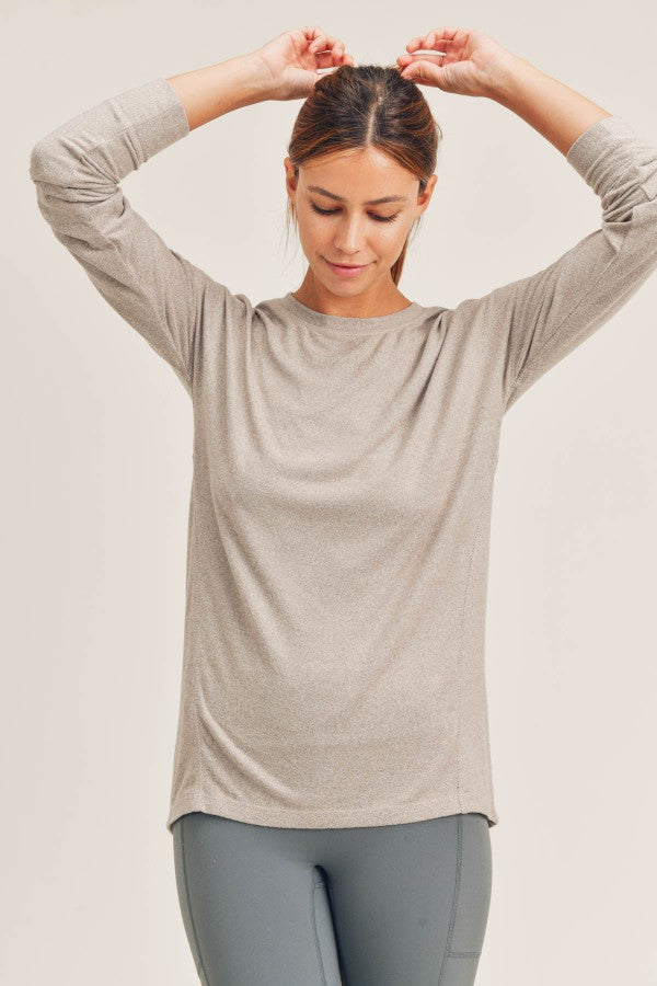 Mocha Brushed Crew Neck Long Sleeve Top