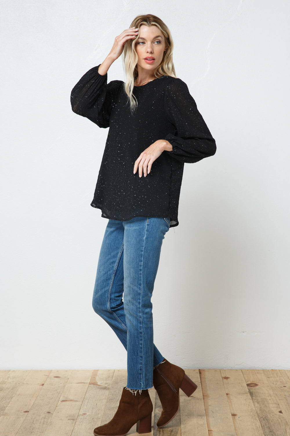 Glitter Crinkle Gauze Long Sleeve with Back Keyhole Detail