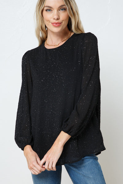 Glitter Crinkle Gauze Long Sleeve with Back Keyhole Detail