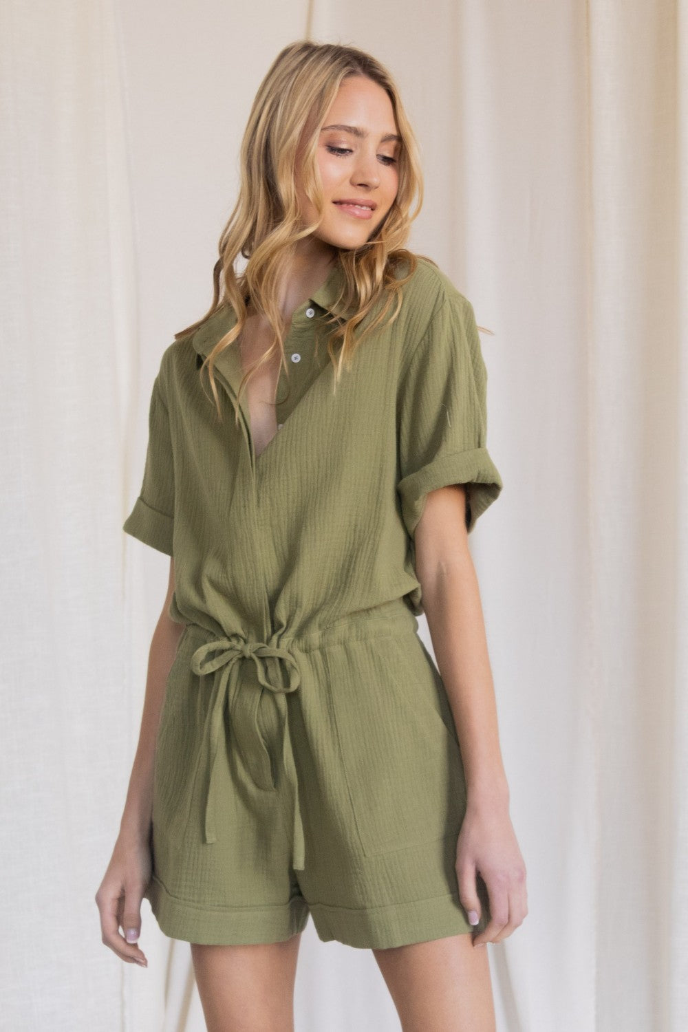 Gauze SS Waist Tie Romper