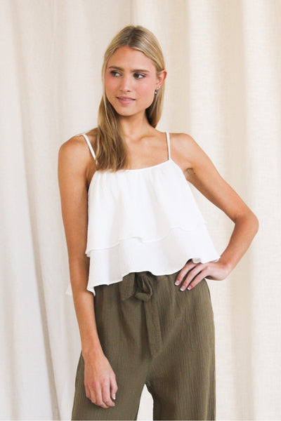 Gauze Spaghetti Strap Ruffle Crop Top
