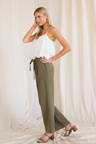 Gauze Spaghetti Strap Ruffle Crop Top