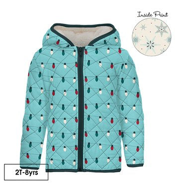 Print Quilted Jacket with Sherpa Lined Hood - Natural Snowflakes/Iceberg Holiday Lights