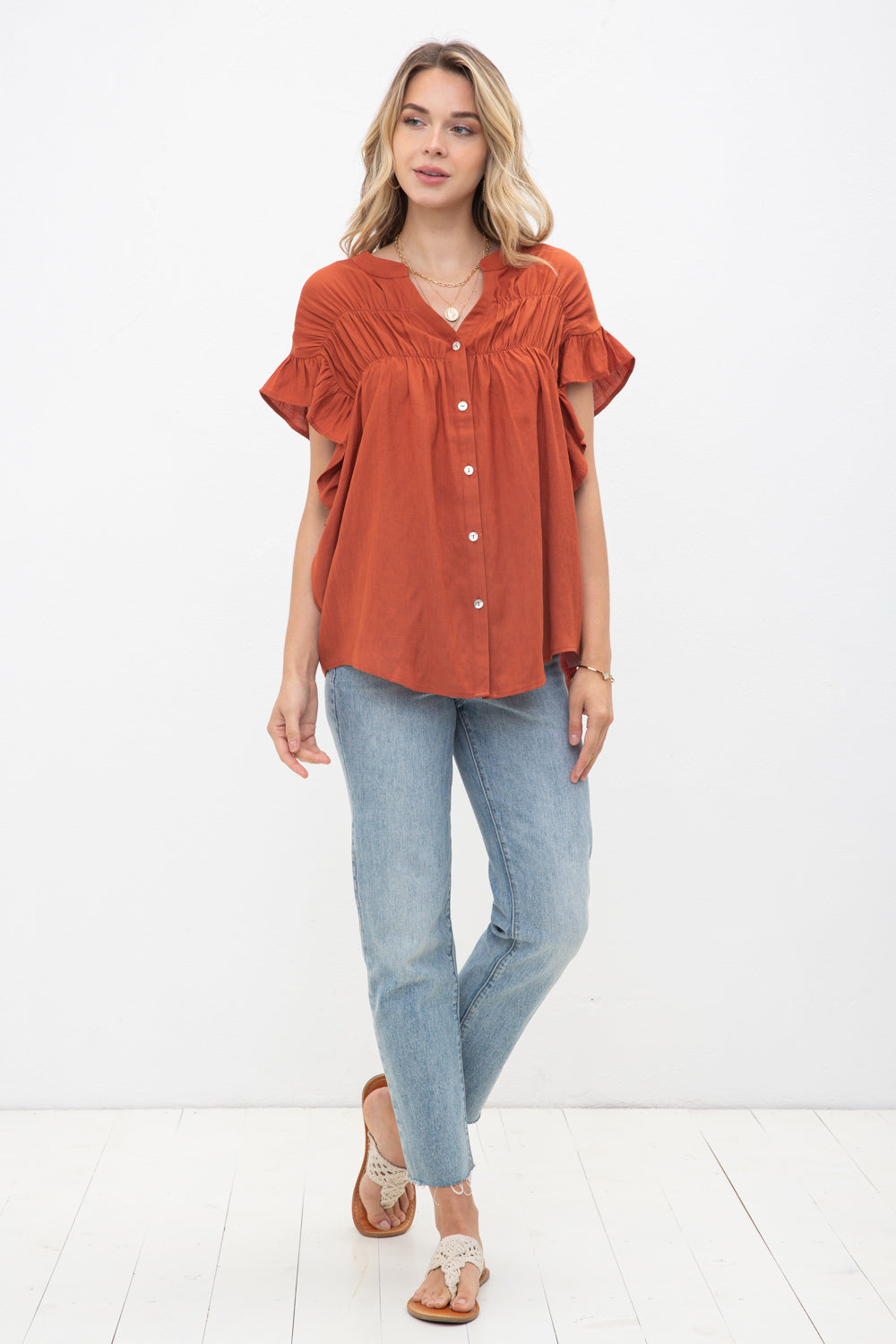 Woven Button Down Ruffle Sleeve Top