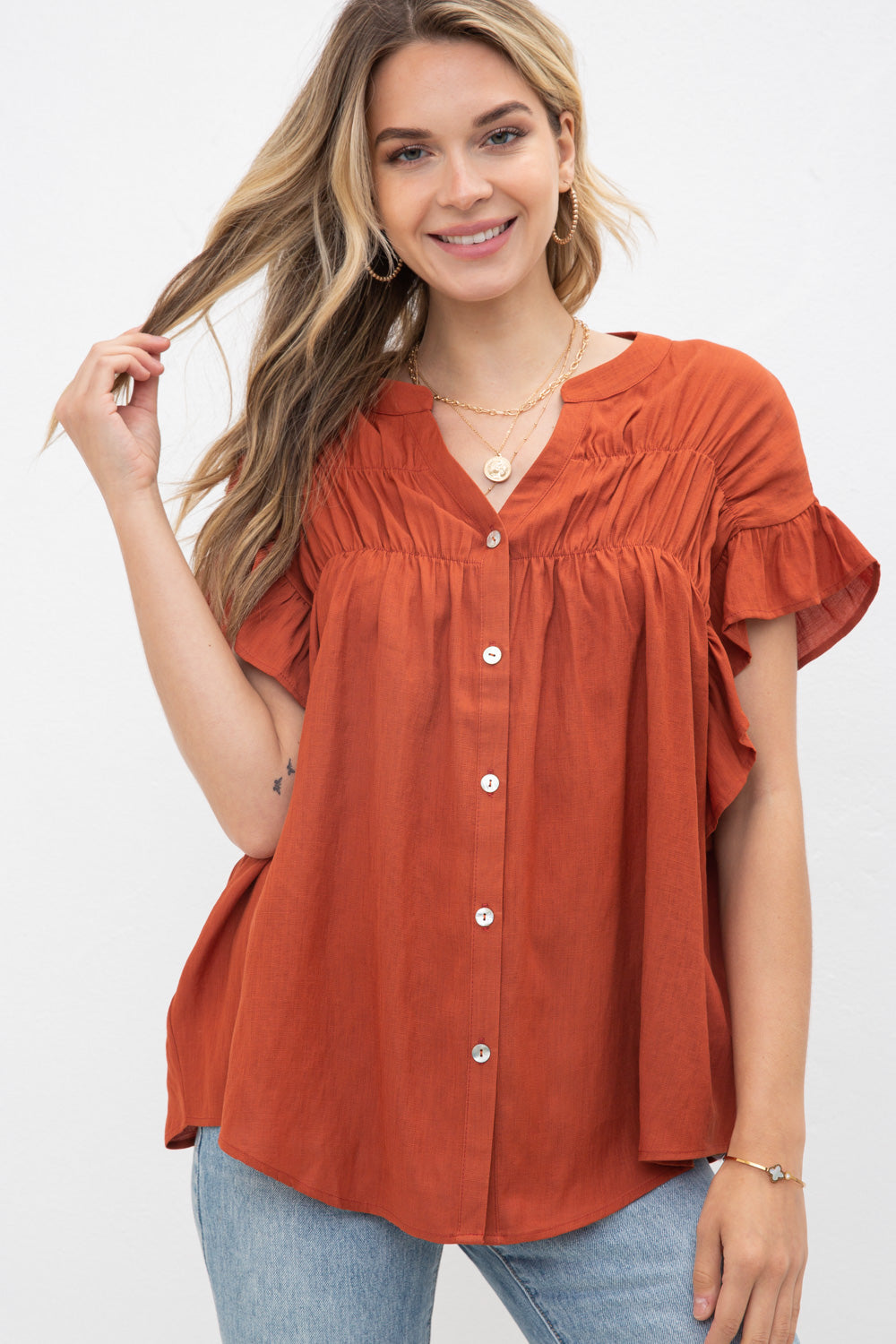 Woven Button Down Ruffle Sleeve Top