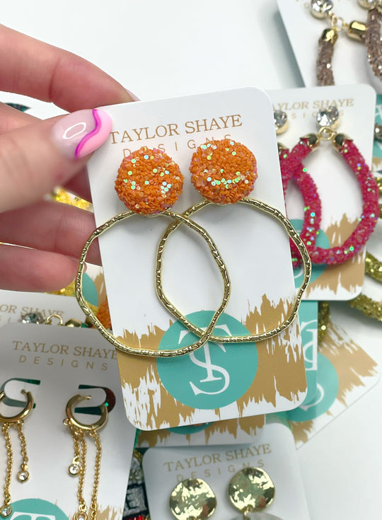 Spring Glitter Top Hoops -Orange/Round