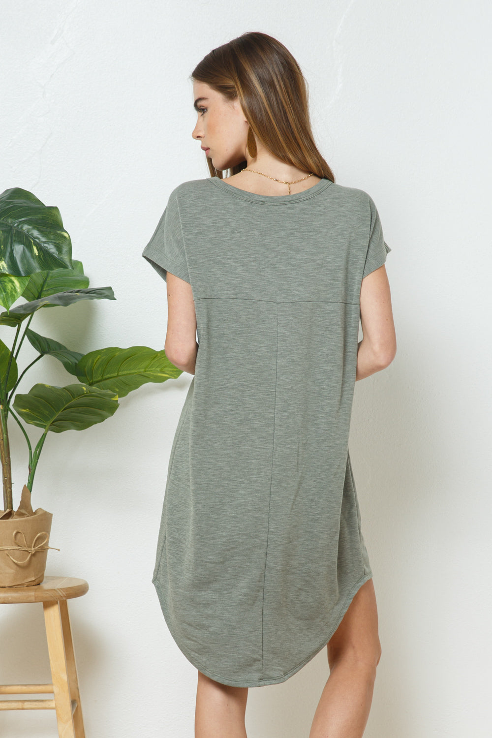 Soft French Terrv Slub Short Sleeve Hi-Lo Mini Dress - Hi-Lo Round Hem - Scoop Neck