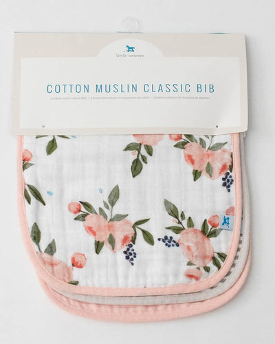 Cotton Muslin Classic Bib 3 Pack- Watercolor Roses