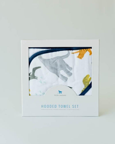 Cotton Hooded Towel and Washcloth - Dino Set