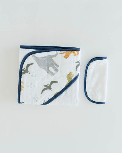 Cotton Hooded Towel and Washcloth - Dino Set